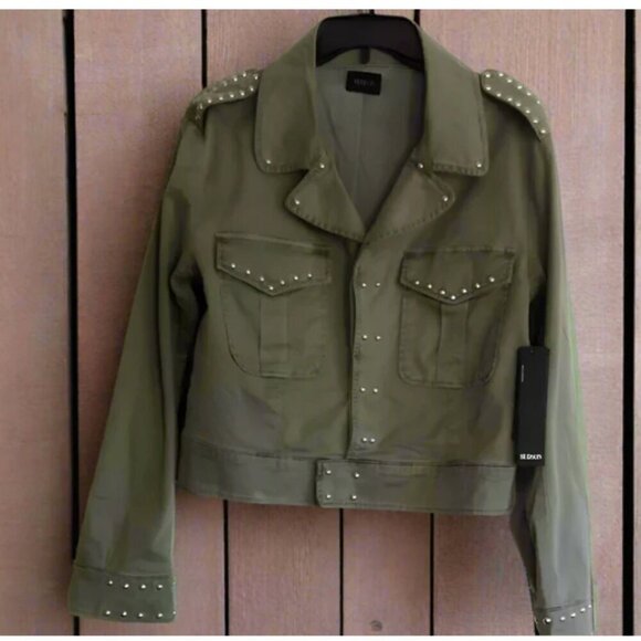 Hudson Edgy Moto Cropped Leather Jacket with Silver Stud Accents - Khaki Green, - Picture 1 of 11